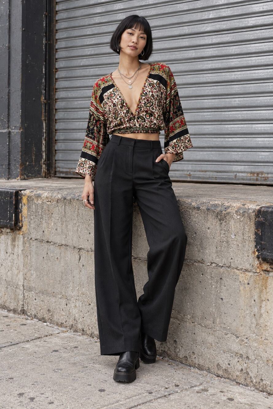 Culture Shop Boho Paisley Crop Top V-Neck Smocked Festival Blouse Long Sleeve S